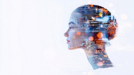 A profile of a woman's face is superimposed with intricate digital circuit board patterns and glowing orange and blue lights, suggesting technology and thought.