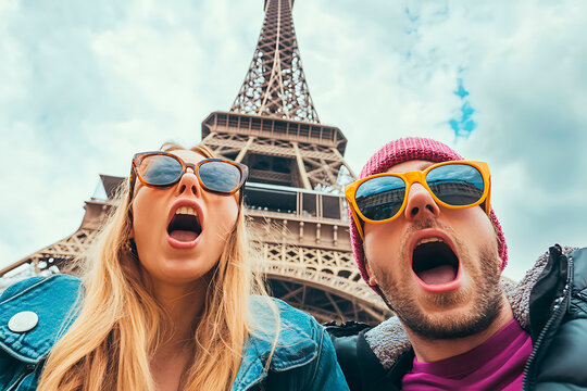 Young couple expressing shock and amazement while visiting the iconic tower in Paris, experiencing travel wonder