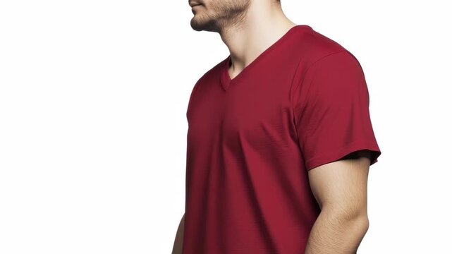 A male model showcases a red v-neck t-shirt, presenting both front and back views. The casual wear emphasizes comfort and style, perfect for everyday outfits.