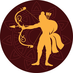 Golden Silhouette of an Archer Aiming a Bow and Arrow Against a Dark Red Circular Pattern