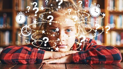 A child rests her head on a table with floating clocks, stars, and question marks in thought - Powered by Adobe