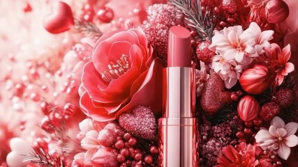 Lipstick surrounded by vibrant flowers in romantic setting for beauty product promotions and cosmetic advertisements. perfect for Valentine's Day promotions and cosmetic advertising, copy space - Powered by Adobe