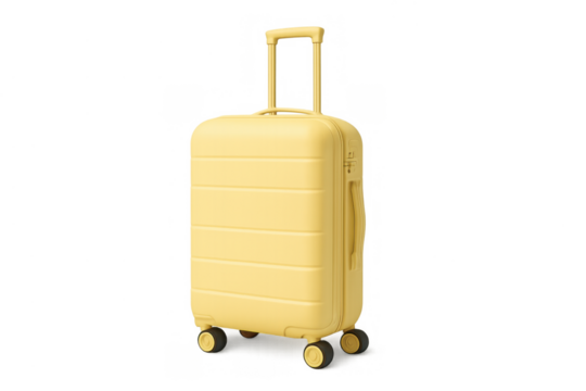 Yellow travel luggage with retractable handle and wheels, ready for vacation, trip, or holiday, transparent background