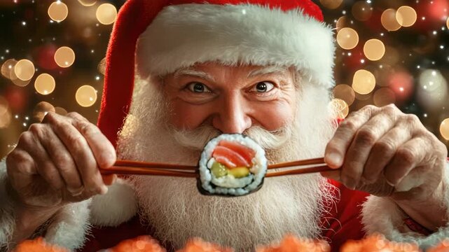 Santa eating sushi roll with chopsticks, holiday dining, Christmas celebration, gourmet food, festive atmosphere. Sushi Christmas special offer, sale, promotion, delicious rolls delivery, sushi lover