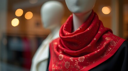 A mannequin wearing a red scarf is displayed in a store
