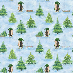 Christmas seamless pattern with winter forest and hedgehogs, watercolor illustration for textiles, packaging, and children