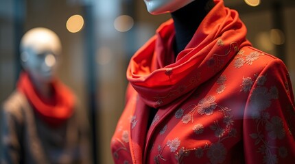 A mannequin wearing a red scarf is displayed in a store