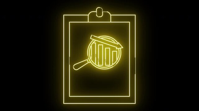 Neonstyle clipboard shows magnifying glass over a graph with downward arrow against black background