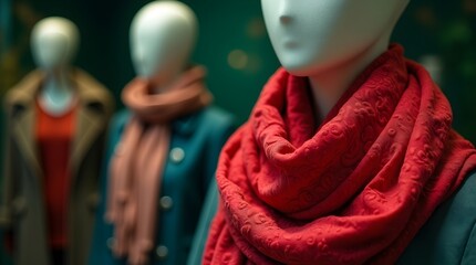 A mannequin wearing a red scarf is displayed in a store