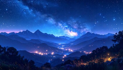 A scenic nightscape featuring rolling mountain ranges under a starlit sky. Distant village lights glow, casting an ethereal ambience