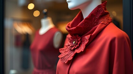 A mannequin wearing a red scarf is displayed in a store