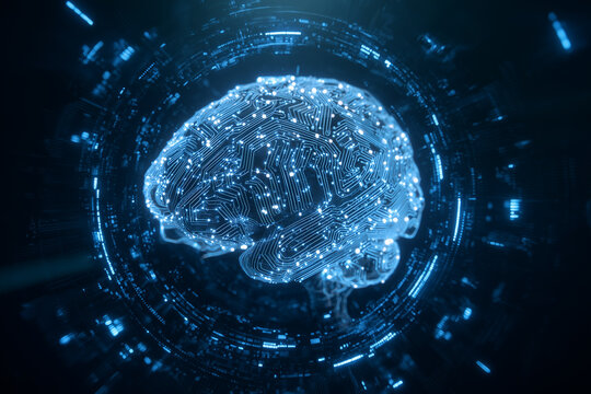 Futuristic digital brain made of glowing circuits and holographic data, representing artificial intelligence and innovation. AI science and innovation in present en future. Technological development.