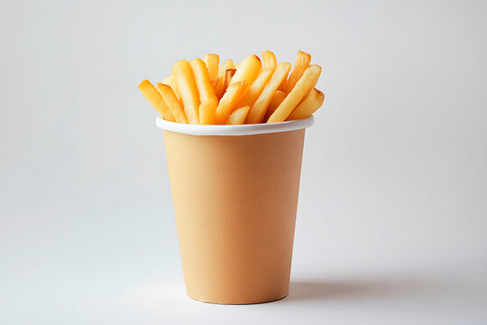 French fries served in a plain paper cup on a white background, representing quick meals and convenience