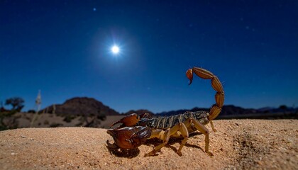 A scorpion, lit by a bright moon, rests on sand under a starlit sky. Mountains are visible in the distance