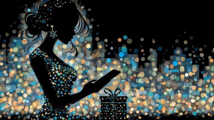 Silhouette of a woman with a gift box against a sparkling city skyline at night