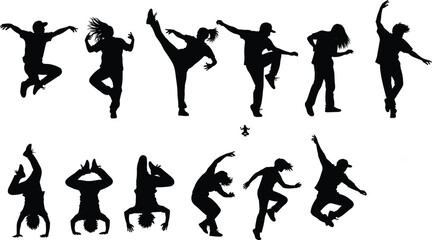 Hip hop dancer silhouettes, street dance poses, urban movement, expressive choreography, energetic body shapes, black figures, isolated on white background