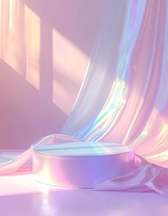 Pastel iridescent podium with flowing fabric, sunlit display