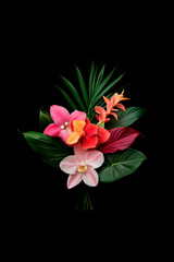 Exotic Tropical Flowers Arrangement on Black Background.