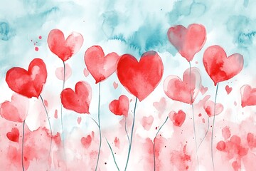 Watercolor painting depicting red heart shapes blooming in a field, symbolizing love, romance, and affectionate feelings