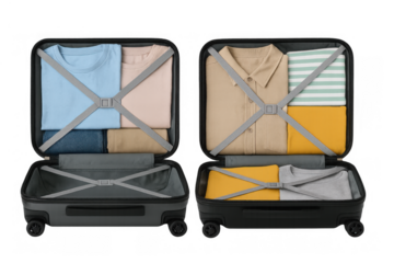Open suitcases with folded clothes, one half empty, illustrating travel preparation and efficient packing for a trip