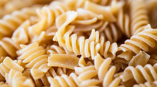 Uncooked whole grain fusilli pasta showing its spiral shape and textured surface, ideal for wholesome healthy meals