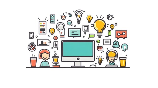 A contemporary office workspace with various technological devices office equipment and business accessories arranged on a desk  The image represents the concept of a productive innovative