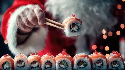 Santa Claus enjoying sushi, festive holiday dinner with Christmas tree on the background. Christmas celebration. Sushi Christmas special offer, sale, promotion, delicious rolls delivery. close up