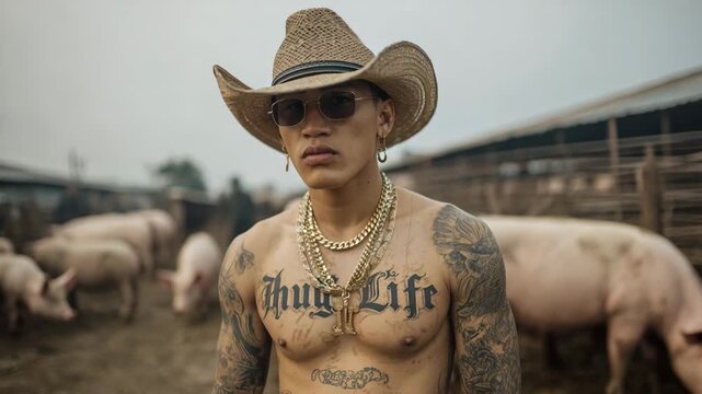 Gang man with tattoos standing