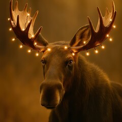 A moose with lights on its antlers