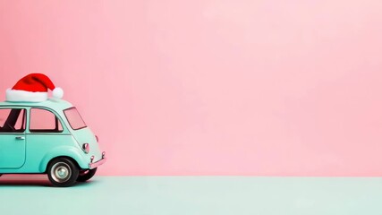 Toy vintage mint car with Santa hat on pink background for holiday promotional design and festive decoration. Delivery concept, holiday greeting card, festive poster, seasonal advertising.