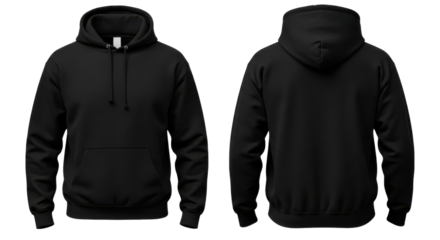 Black hoodie front and back view isolated on white background.