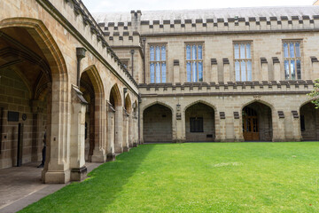Ancient Law buildings of Old Quadrangle at Melbourne University in Melbourne, Australia.