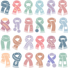 Colorful minimalist winter scarf, vector illustration collection. Casual stylish accessories for cold weather. Digital graphic set, seasonal pack	