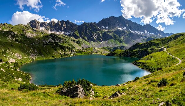 A serene alpine scene features a vibrant blue lake nestled amidst lush green hills and majestic, snow-capped mountain peaks under a bright, cloudy sky