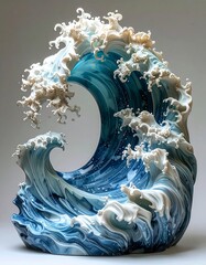 A sculptural depiction of a majestic ocean wave, crafted with meticulous detail. The wave's cresting foam and swirling water are frozen in motion