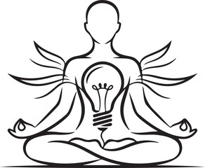 Meditation figure with glowing inner light bulb and mandala line art in a calm monochrome vector