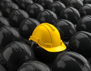 A sea of black construction helmets surrounds a single vibrant yellow one, standing out. The image suggests individuality and a contrasting concept