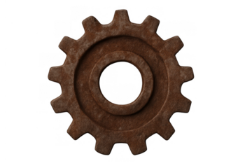 Rusty metal gear cog providing a concept of industrial machinery, mechanical engineering, and steampunk design with a transparent background