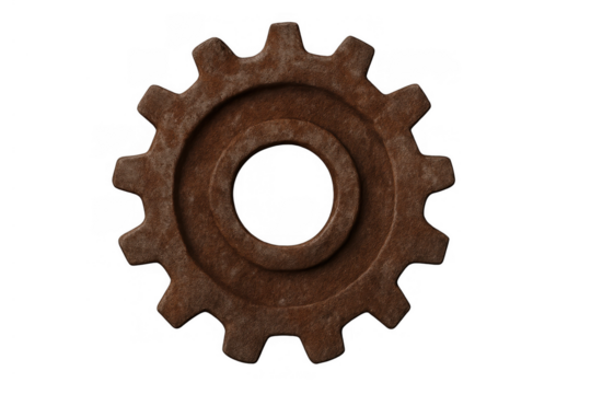 Rusty metal gear cog providing a concept of industrial machinery, mechanical engineering, and steampunk design with a transparent background