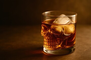 A glass of liquor with a skull ice cube in it