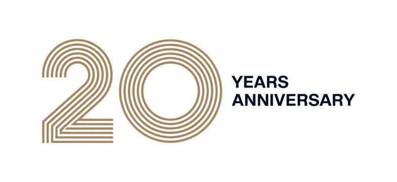 The number 20 is prominently displayed with the text "YEARS ANNIVERSARY" indicating a celebration of a significant milestone.