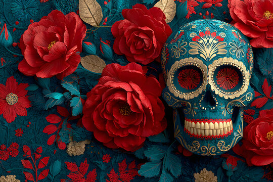 Mexican-style sugar skull and red roses decoration, Generative ai