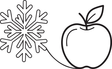 Apple with leaf and detailed snowflake icon in clean outlined monochrome line art style