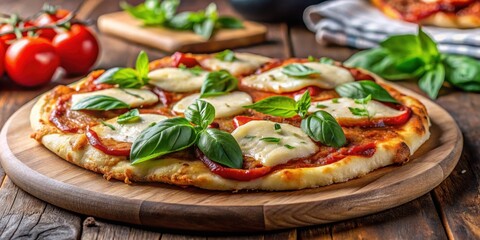 A juicy chicken breast on top of a crispy pizza crust with melted mozzarella cheese and fresh basil leaves