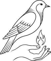 Minimal bird on hand line art with symbolic flames releasing from hand in clean outline style