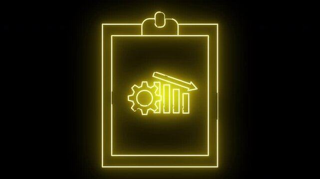 Yellow neon clipboard icon with a gear graph  arrow on a black background