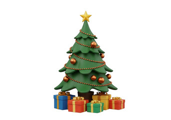 Stylized 3d christmas tree with presents, golden star on top isolated on transparent background