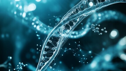 DNA Sequencing Diagram: Futuristic biotechnological visualization of the double helix structure. This detailed 3D illustration represents genomic analysis, advanced medicine, and scientific research.