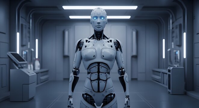 A highly detailed humanoid robot with blue light reflections standing in a futuristic corridor, representing artificial intelligence and robotic evolution. - Powered by Adobe
