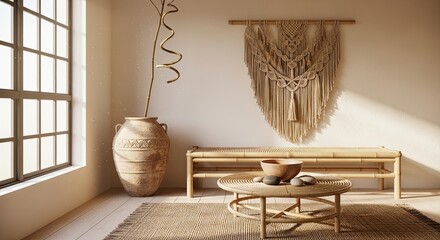 Serene bohemian interior with earthy tones, perfect for creating a calm and inviting space, ideal for home decor inspiration or minimalist living concepts